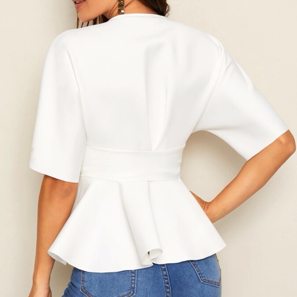 Boho White Plunge Neck Peplum Babydoll Tie Top XS S M L XL - Picture 2 of 6
